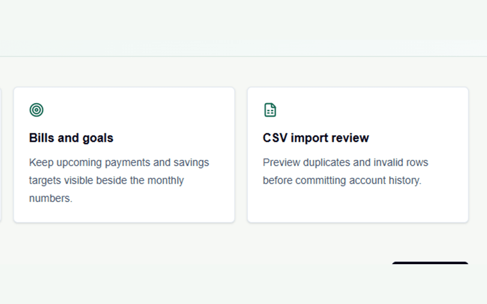 Tarjetas de vista previa de Family Budget para facturas, metas y revisión de importaciones CSV