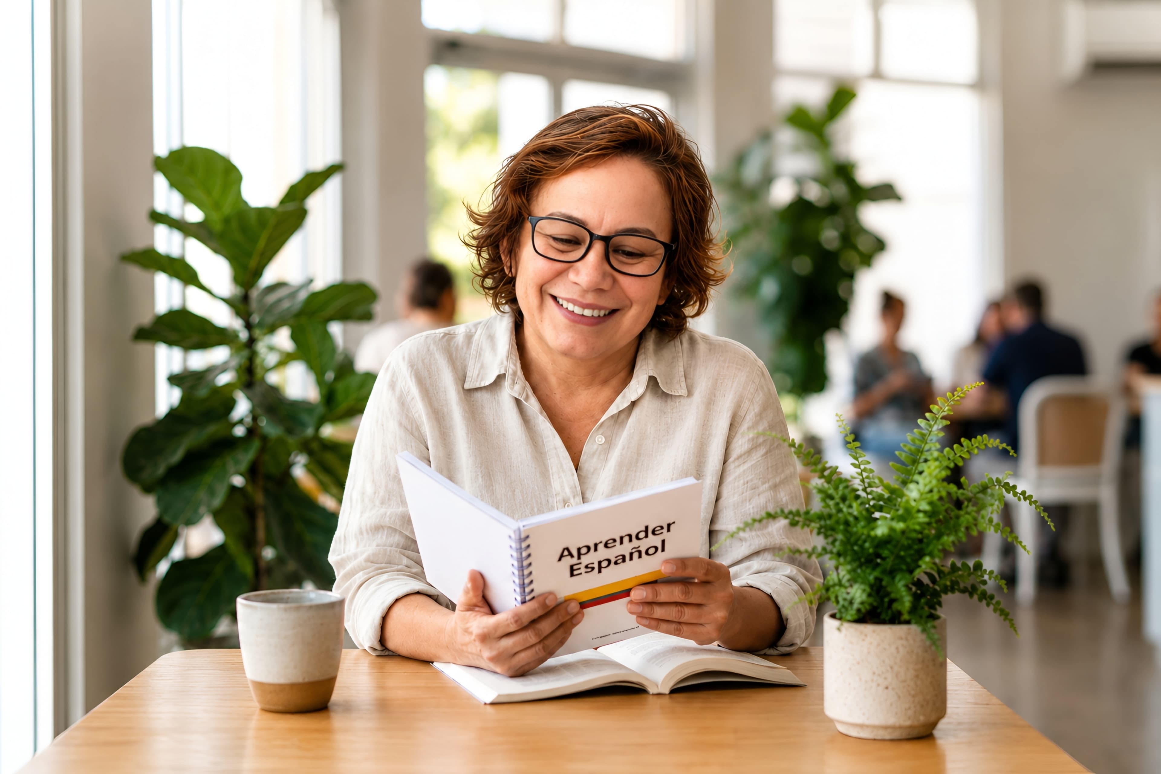 Maria reading a Spanish learning book
